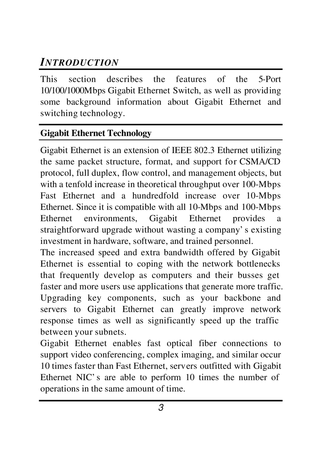 Gigabyte 5-Port 10/100/1000MBps Gigabit Ethernet Switch, 41000BASE-T manual Introduction, Gigabit Ethernet Technology 