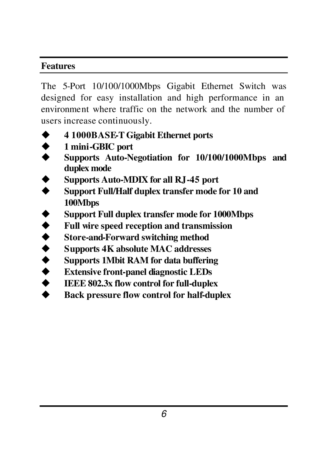 Gigabyte 41000BASE-T, 5-Port 10/100/1000MBps Gigabit Ethernet Switch manual Features 