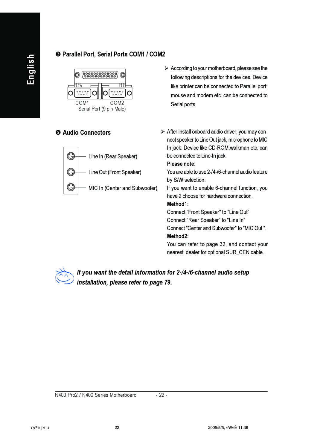 Gigabyte 4500 manual Parallel Port, Serial Ports COM1 / COM2, Audio Connectors 