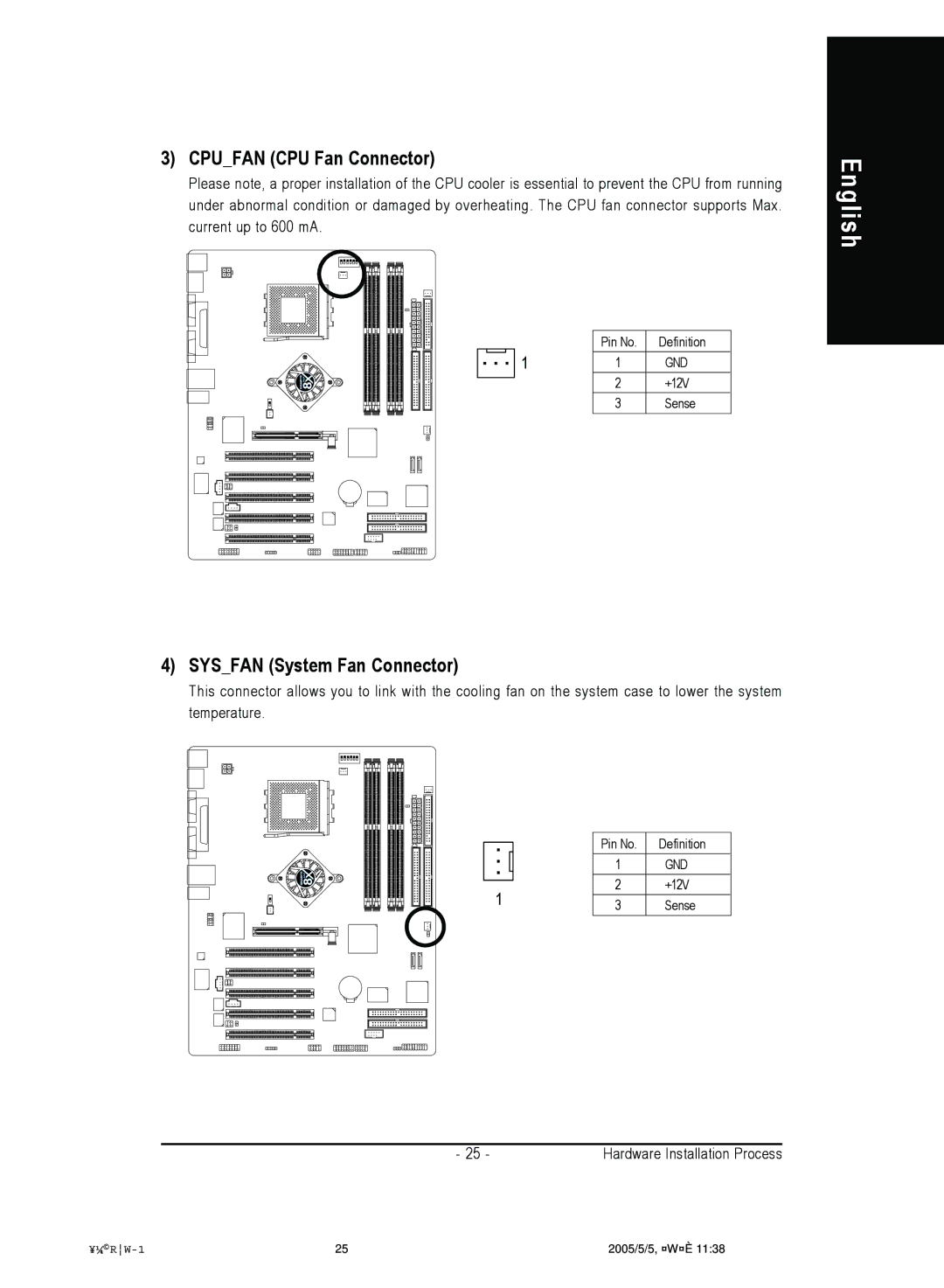 Gigabyte 4500 manual Cpufan CPU Fan Connector, Sysfan System Fan Connector 