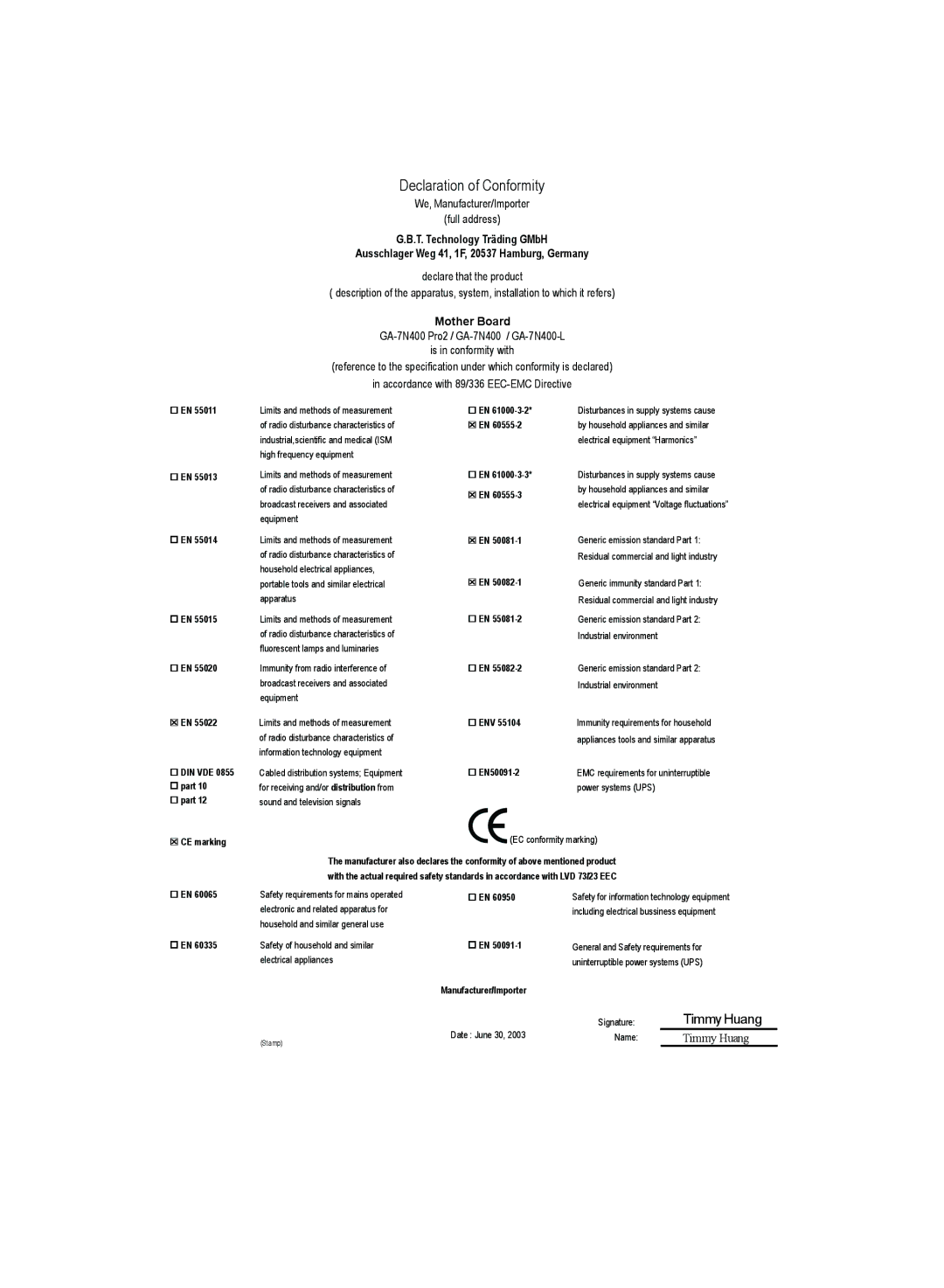 Gigabyte 4500 manual Declaration of Conformity 