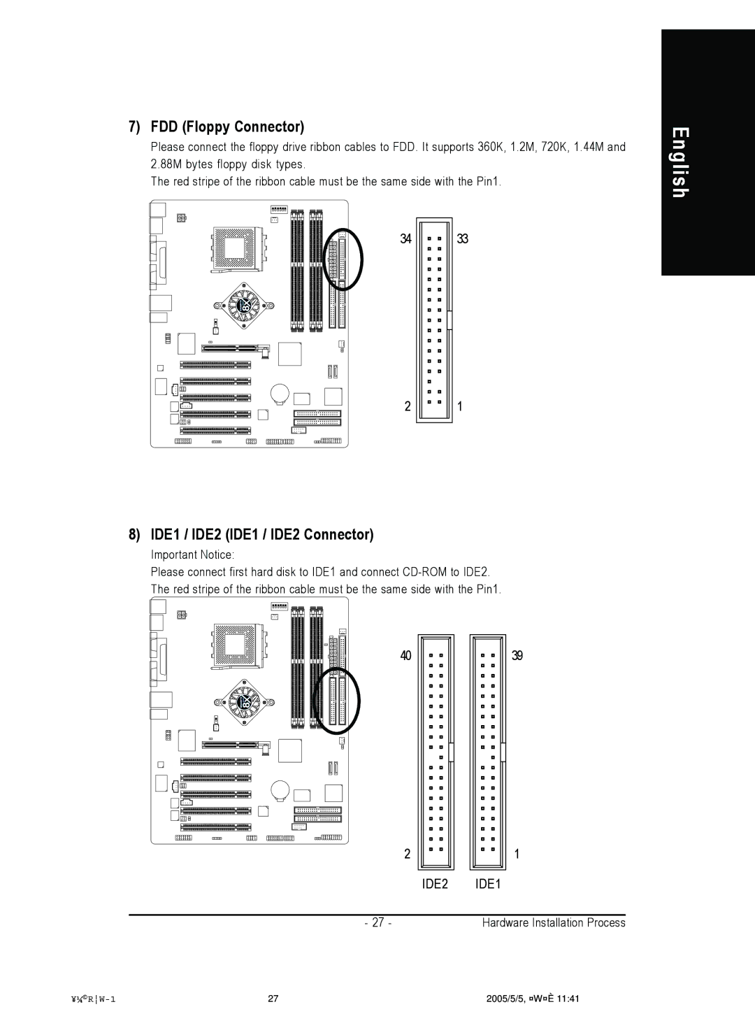 Gigabyte 4500 manual FDD Floppy Connector, IDE1 / IDE2 IDE1 / IDE2 Connector 