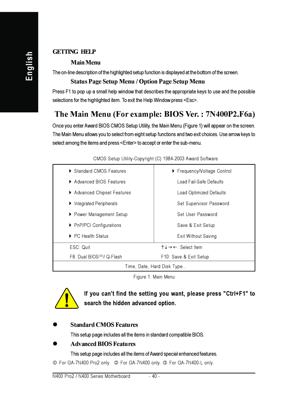 Gigabyte 4500 MainMenu, Status Page Setup Menu / Option Page Setup Menu, Standard Cmos Features, Advanced Bios Features 