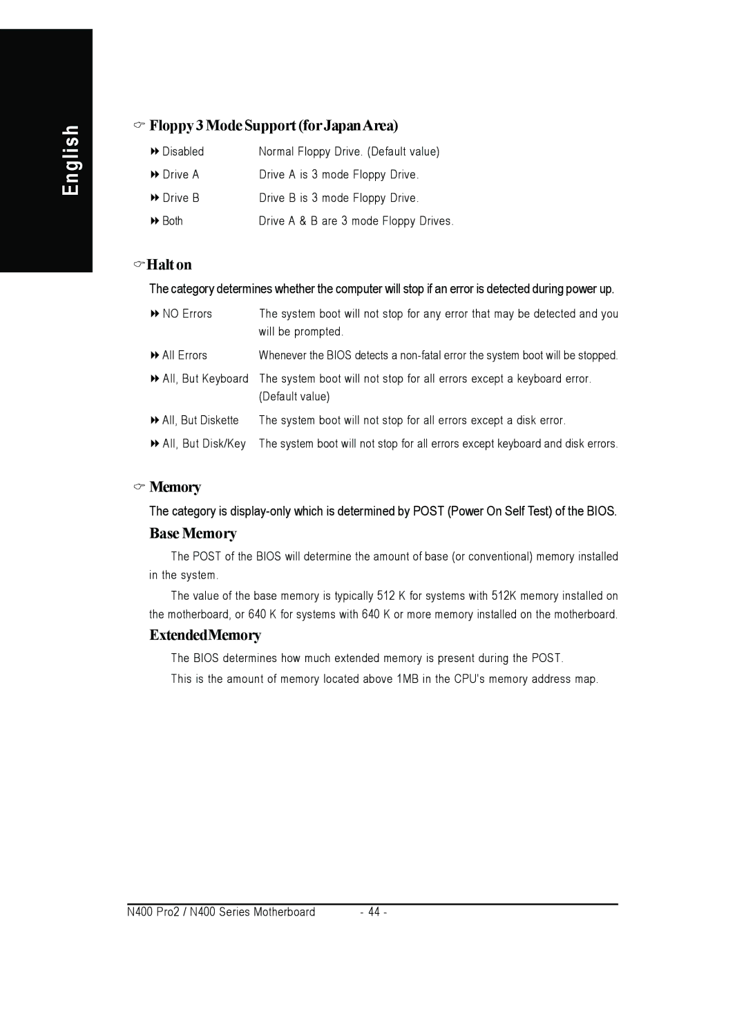 Gigabyte 4500 manual Floppy 3 Mode Support for JapanArea, Halt on, Base Memory, ExtendedMemory 