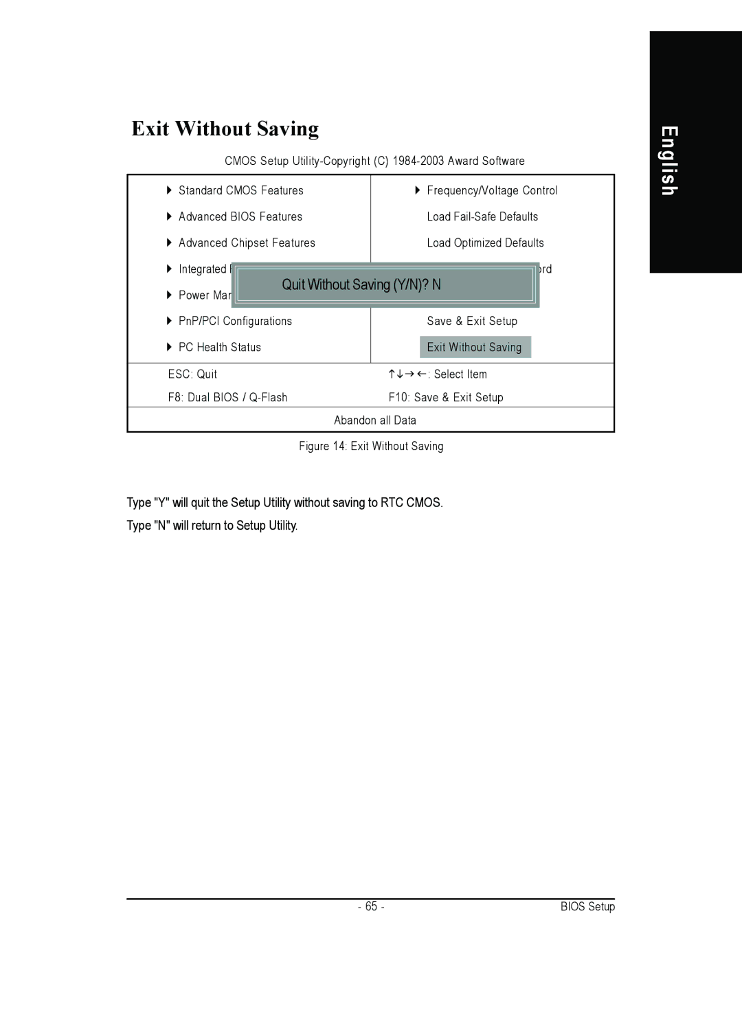 Gigabyte 4500 manual Exit Without Saving, Quit Without Saving Y/N? N 