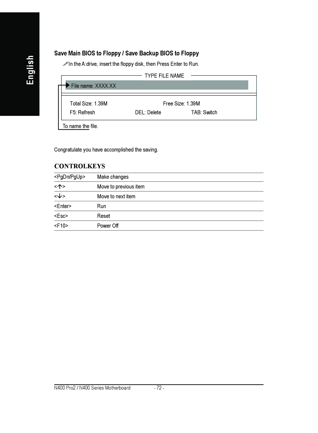 Gigabyte 4500 manual Save Main Bios to Floppy / Save Backup Bios to Floppy, Type File Name 