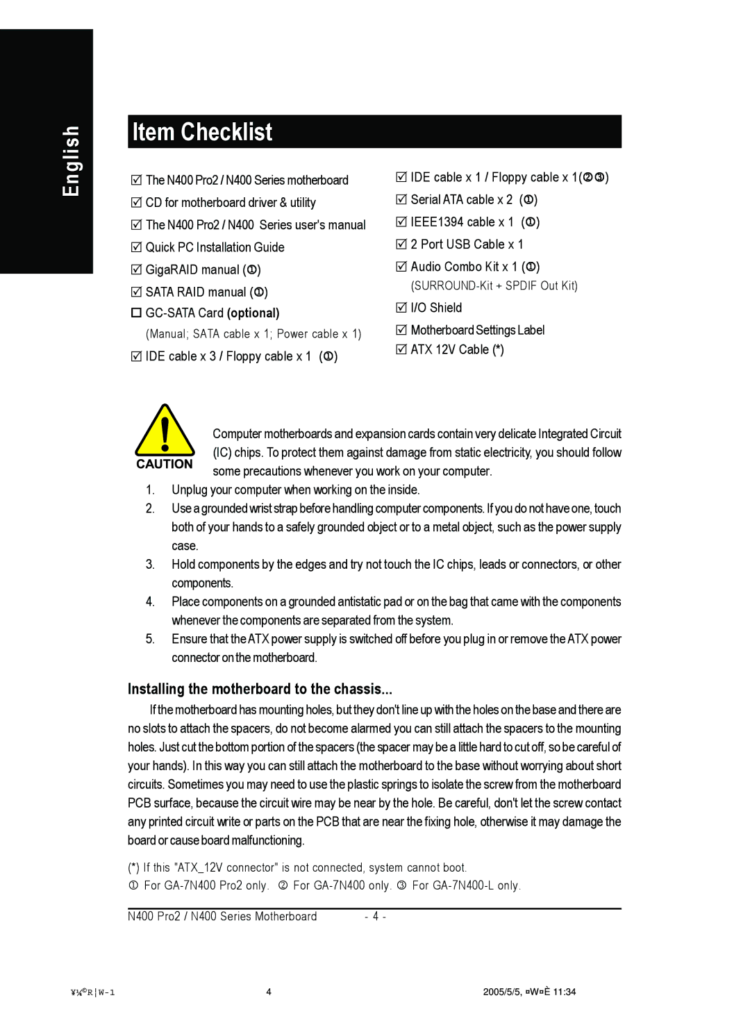 Gigabyte 4500 manual Item Checklist, Installing the motherboard to the chassis 