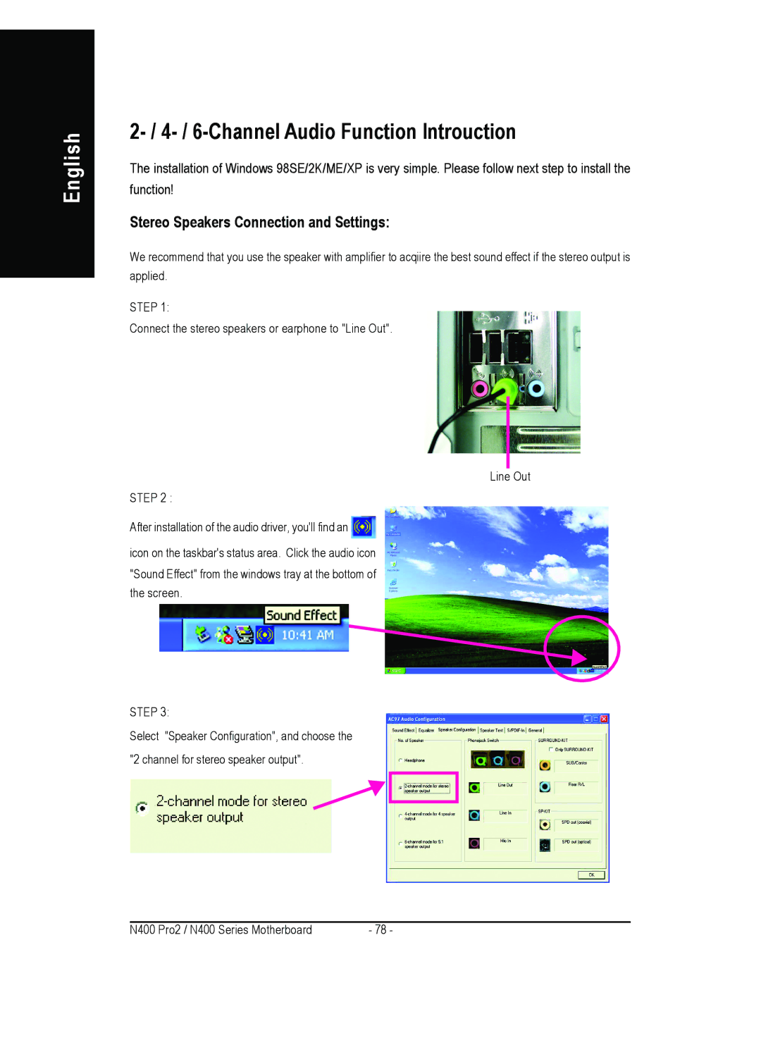 Gigabyte 4500 manual Channel Audio Function Introuction, Stereo Speakers Connection and Settings 