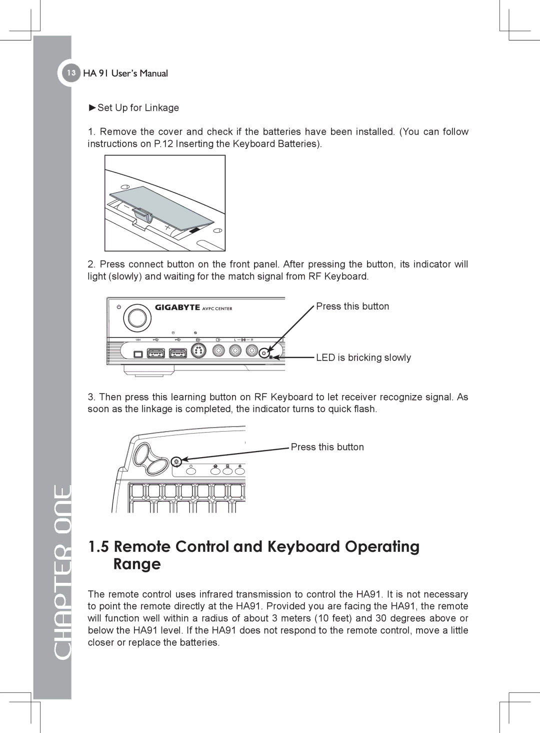 Gigabyte 4635 manual Remote Control and Keyboard Operating Range 