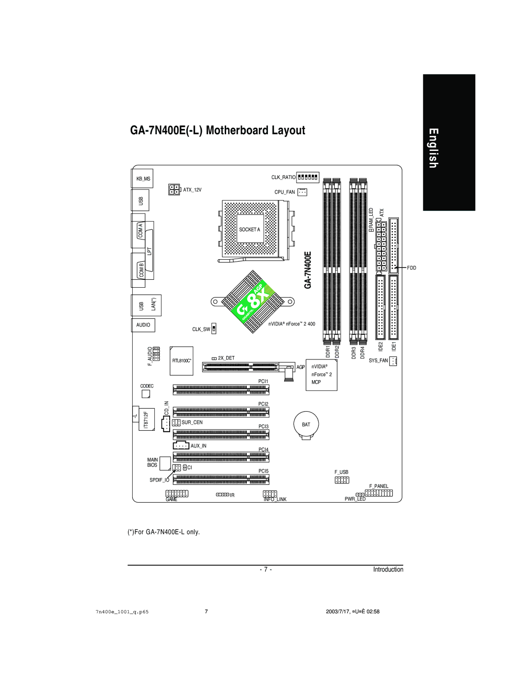 Gigabyte 5222, 5230, 5225 manual GA-7N400E-L Motherboard Layout 