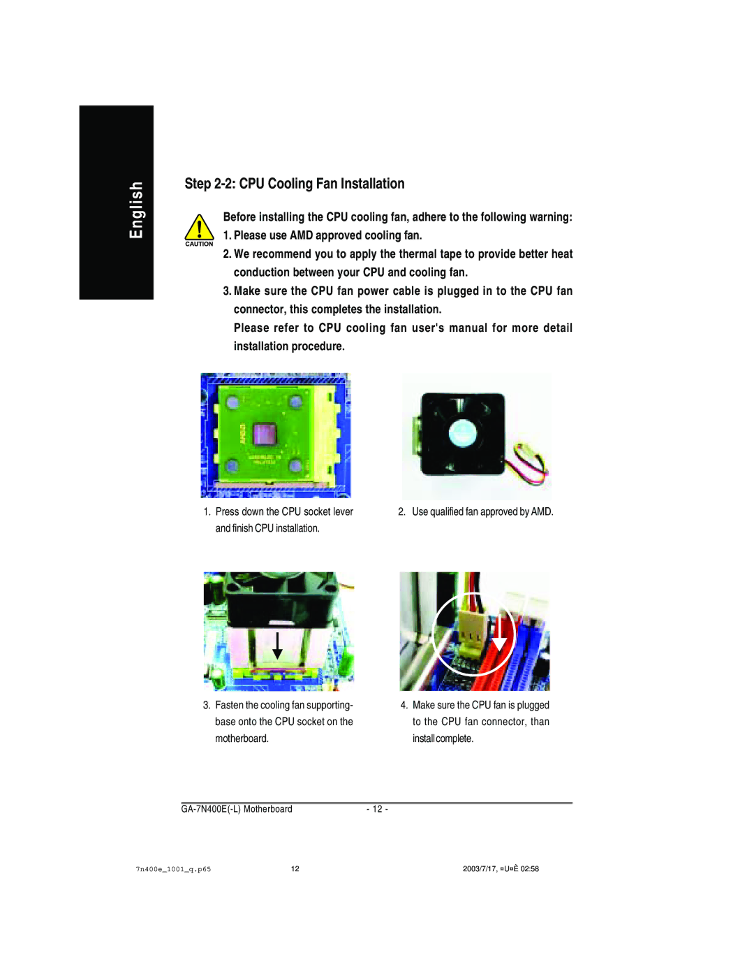 Gigabyte 5225, 5230, 5222 manual CPU Cooling Fan Installation 