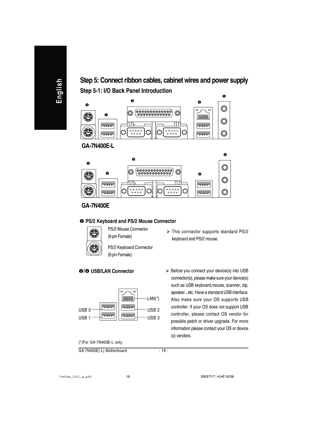 Gigabyte 5222, 5230, 5225 manual PS/2 Keyboard and PS/2 Mouse Connector, USB/LAN Connector 