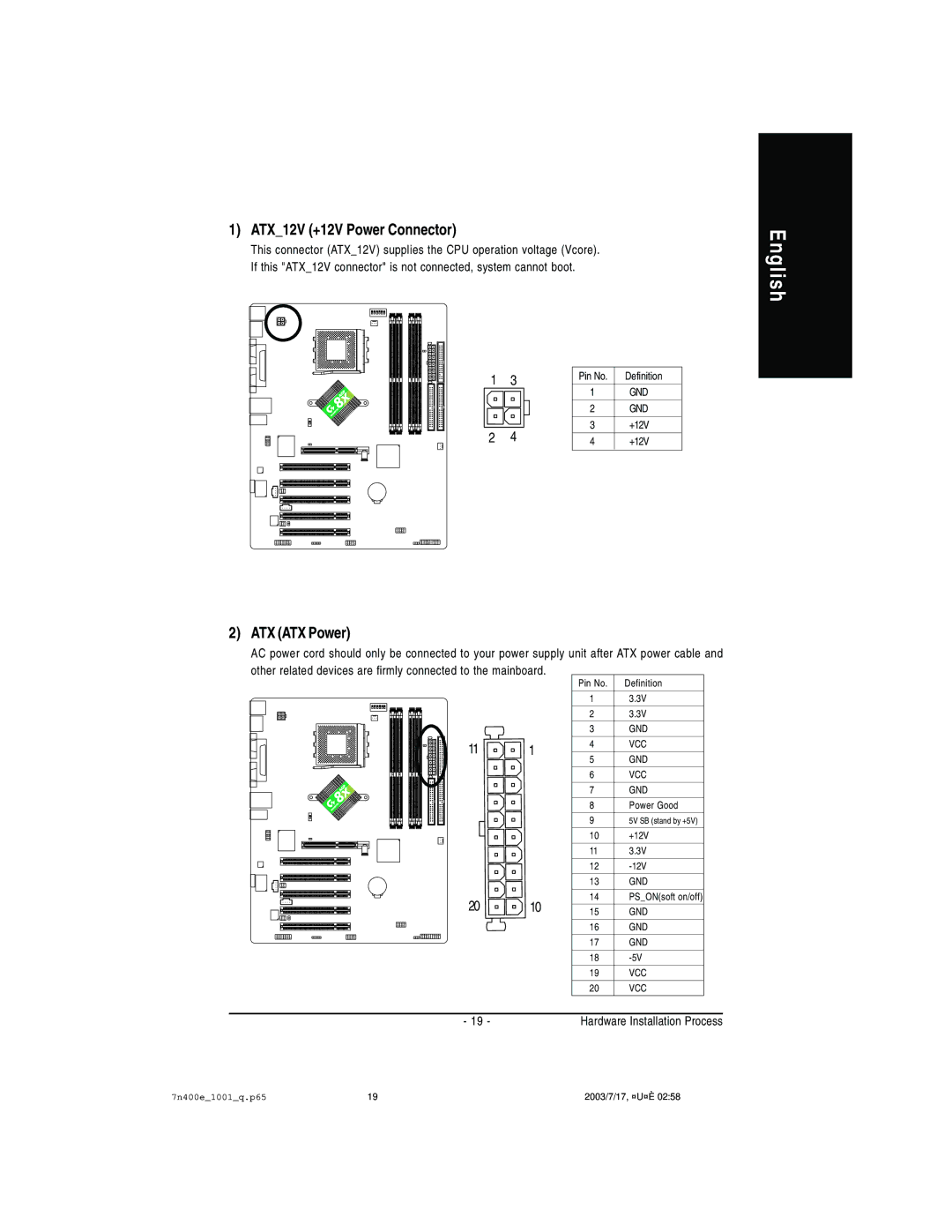 Gigabyte 5222, 5230, 5225 manual ATX12V +12V Power Connector, ATX ATX Power 