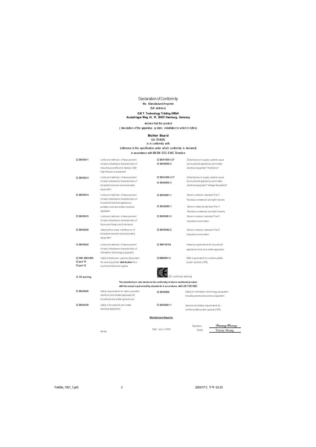 Gigabyte 5230, 5225, 5222 manual Declaration of Conformity 