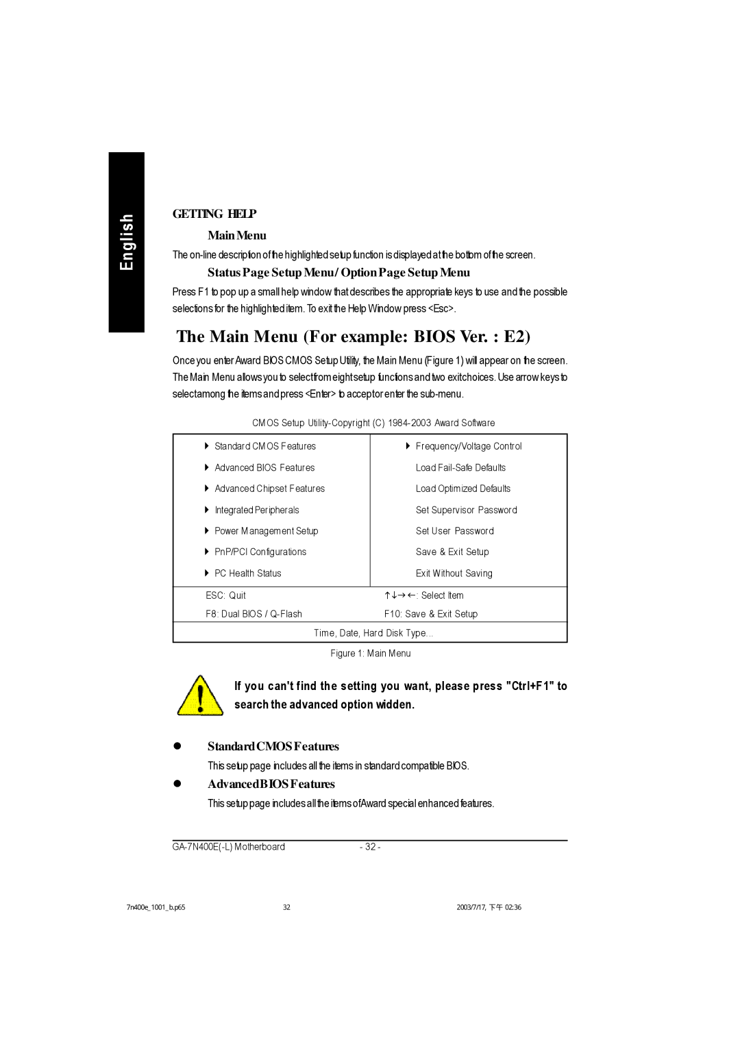 Gigabyte 5230 Main Menu For example Bios Ver. E2, Status Page Setup Menu/ Option Page Setup Menu, StandardCMOS Features 