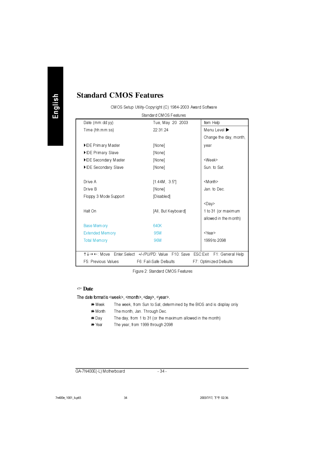 Gigabyte 5222, 5230, 5225 manual Standard Cmos Features, Date 