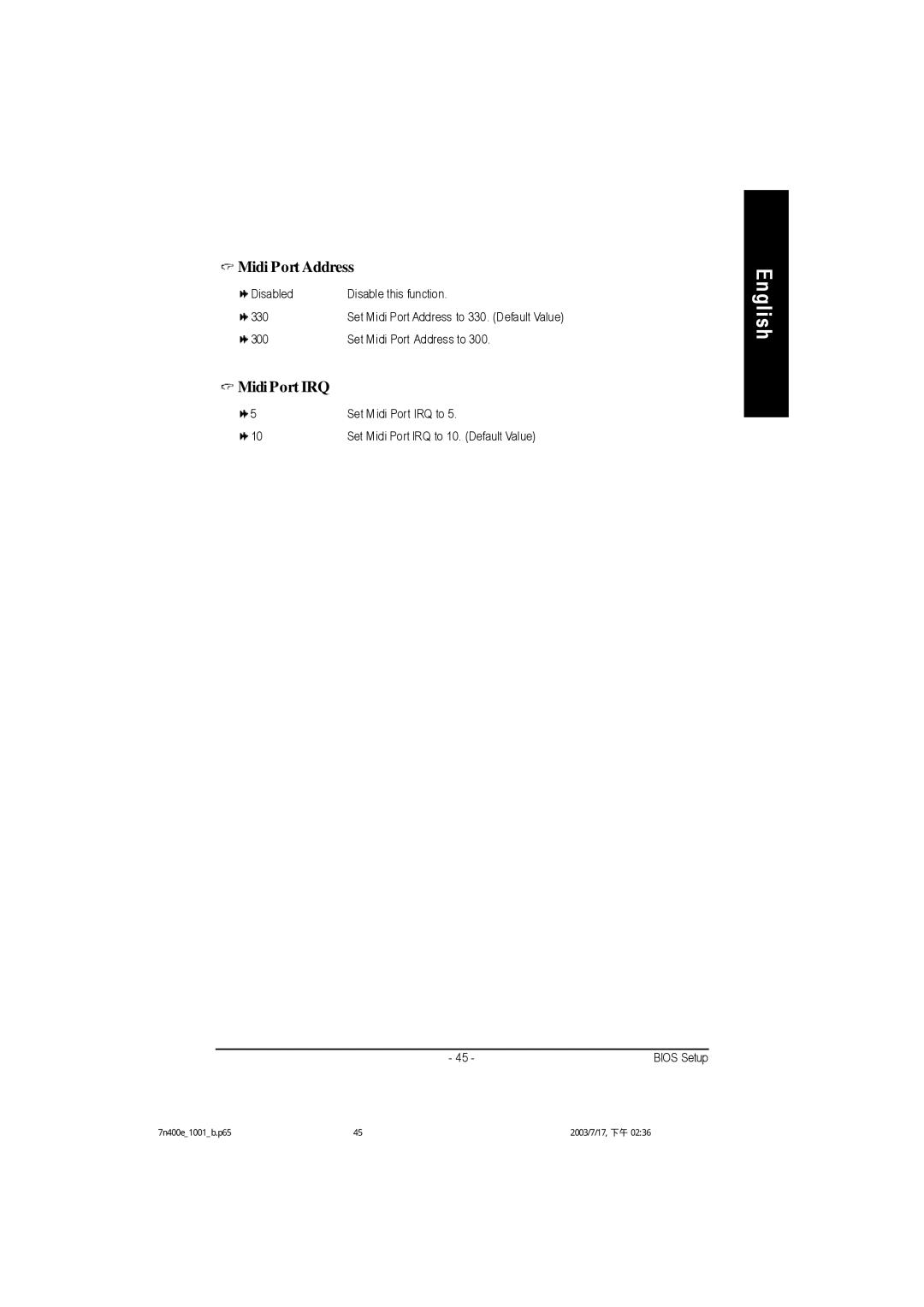 Gigabyte 5225, 5230, 5222 manual Midi Port Address, Midi Port IRQ 