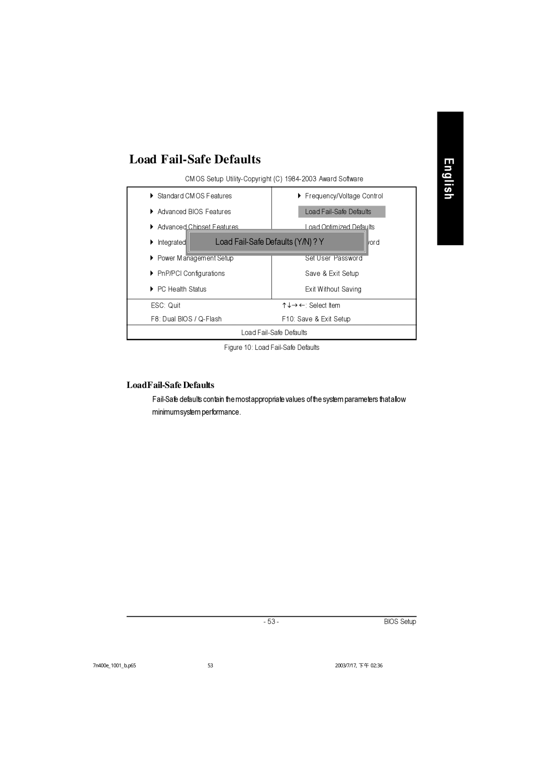 Gigabyte 5230, 5225, 5222 manual Load Fail-Safe Defaults Y/N ? Y 