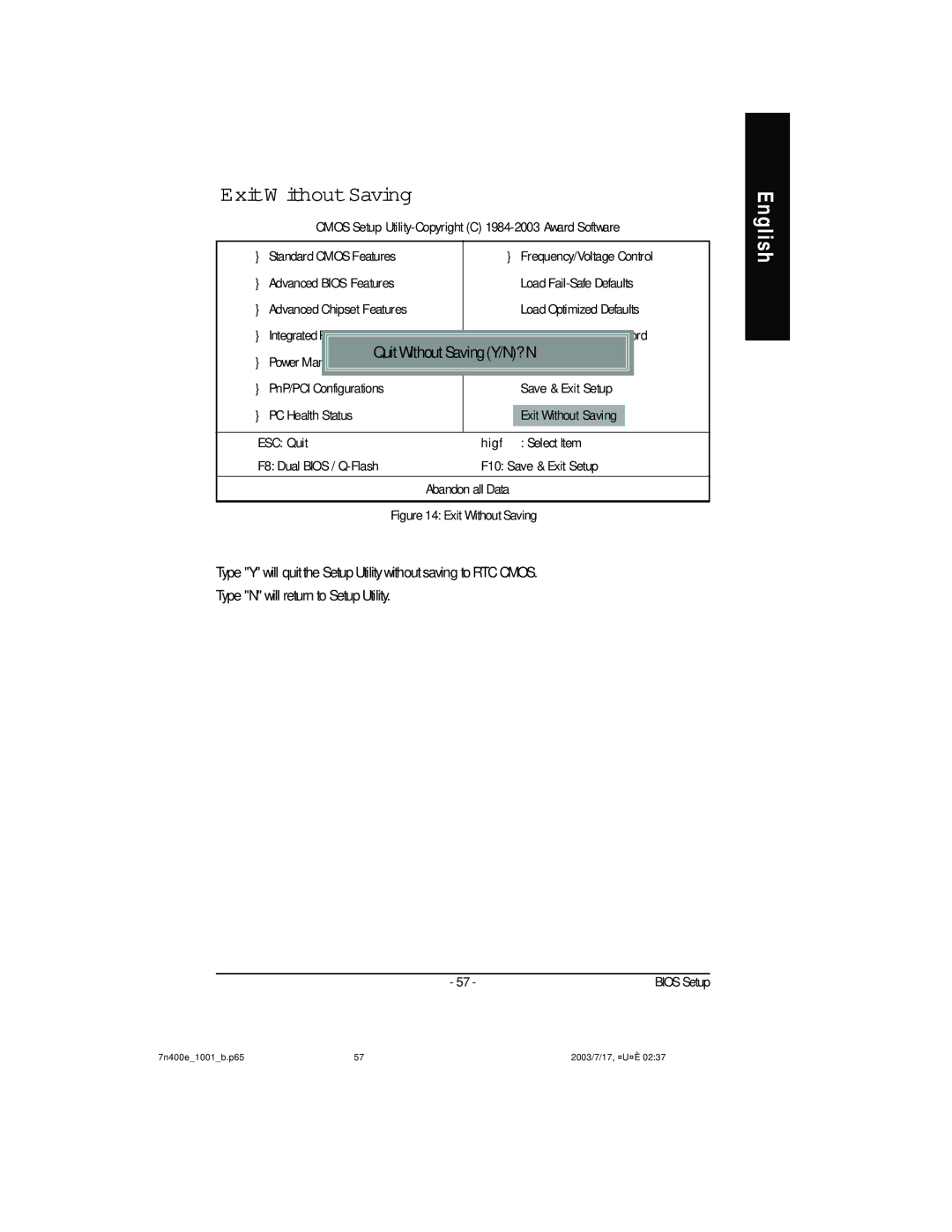 Gigabyte 5225, 5230, 5222 manual Exit Without Saving, Quit Without Saving Y/N? N 