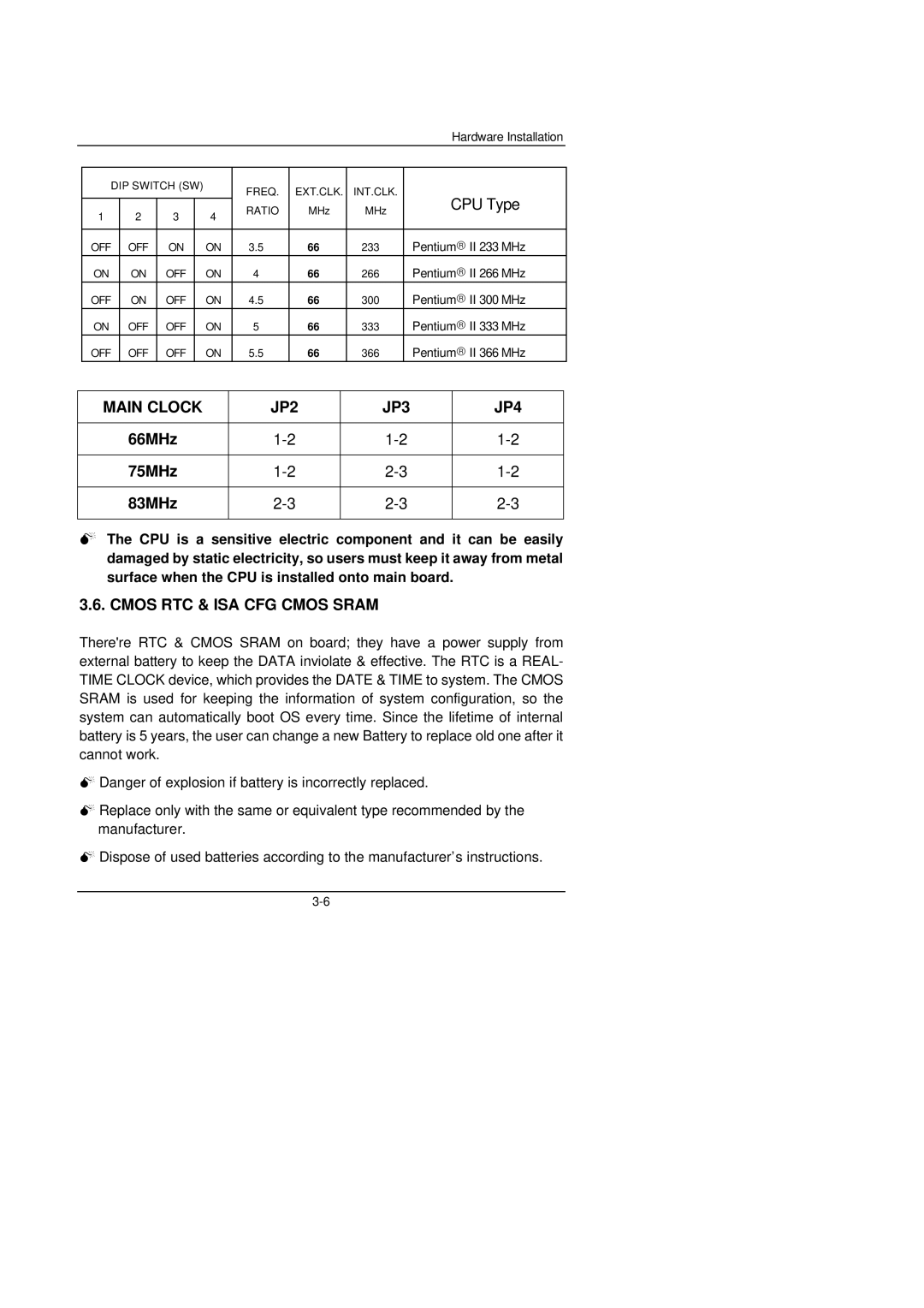 Gigabyte 6EA manual Main Clock JP2 JP3 JP4, Cmos RTC & ISA CFG Cmos Sram 