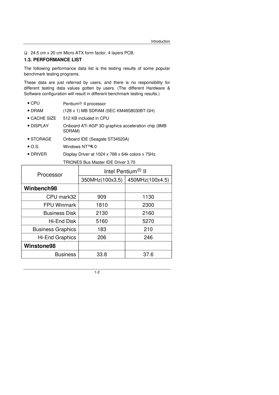 Gigabyte 6ZMM manual Winbench98, Performance List 