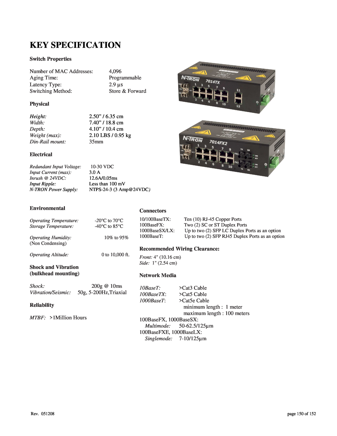 Gigabyte 7014 Key Specification, Switch Properties, Physical, Electrical, Environmental, Shock and Vibration, Reliability 