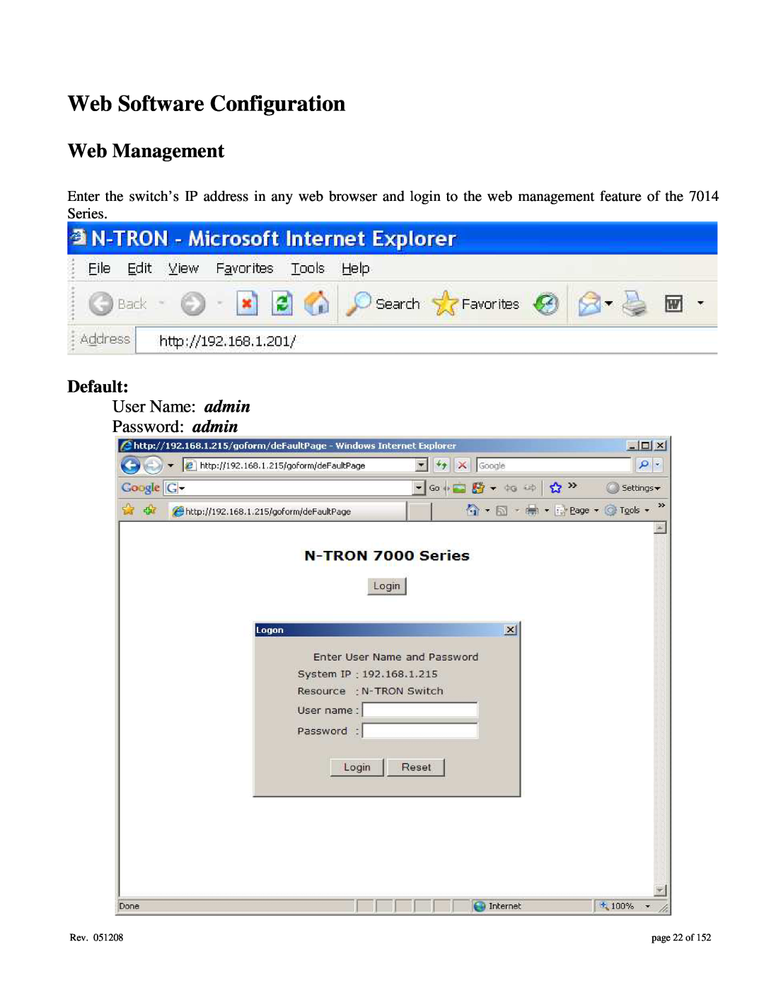 Gigabyte 7014 user manual Web Management, Default, User Name admin Password admin, Web Software Configuration 