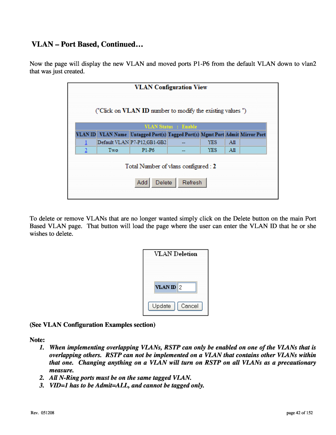 Gigabyte 7014 user manual VLAN - Port Based, Continued…, See VLAN Configuration Examples section, page 42 of 