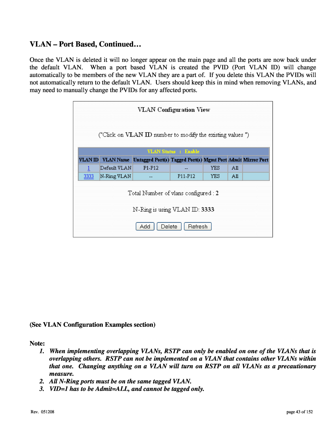 Gigabyte 7014 user manual VLAN - Port Based, Continued…, See VLAN Configuration Examples section, page 43 of 