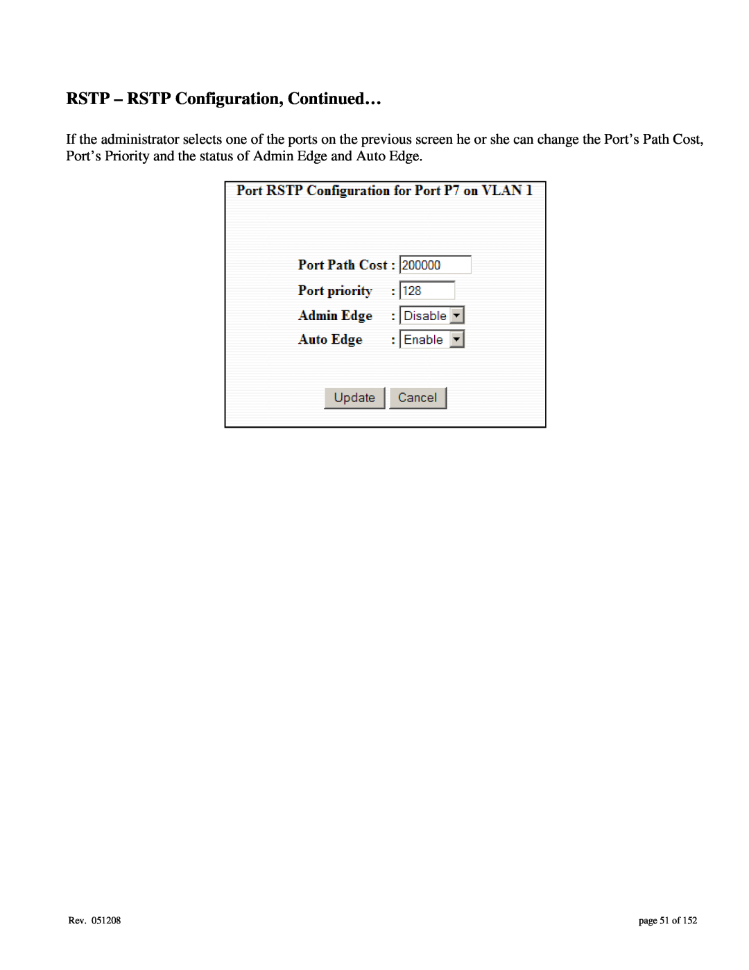 Gigabyte 7014 user manual RSTP - RSTP Configuration, Continued…, page 51 of 