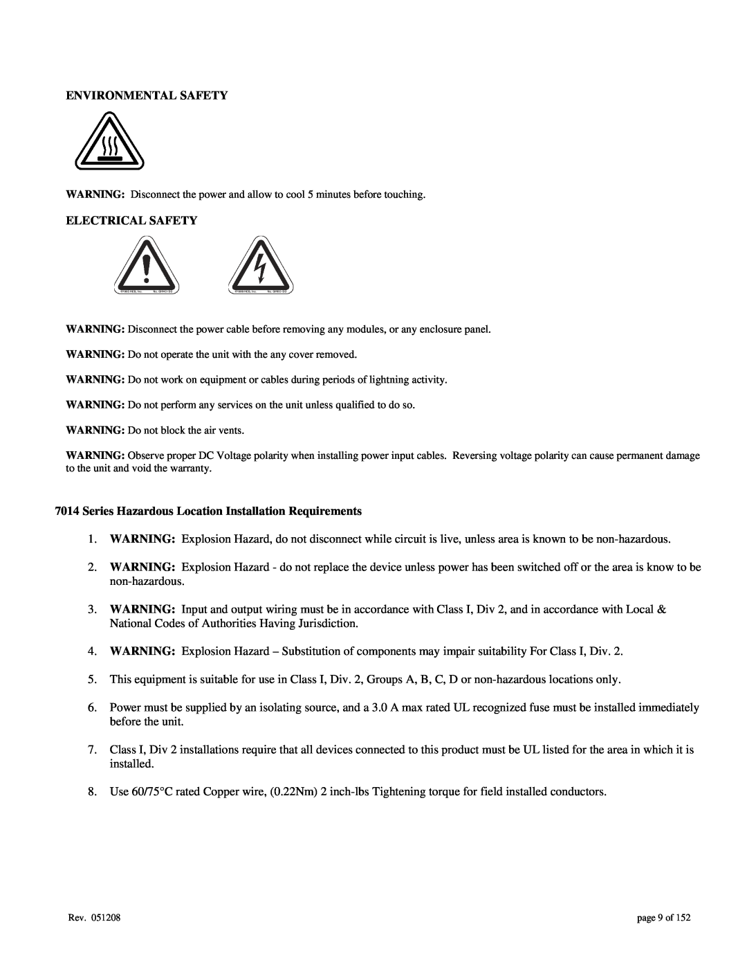 Gigabyte 7014 user manual Environmental Safety, Electrical Safety, Series Hazardous Location Installation Requirements 
