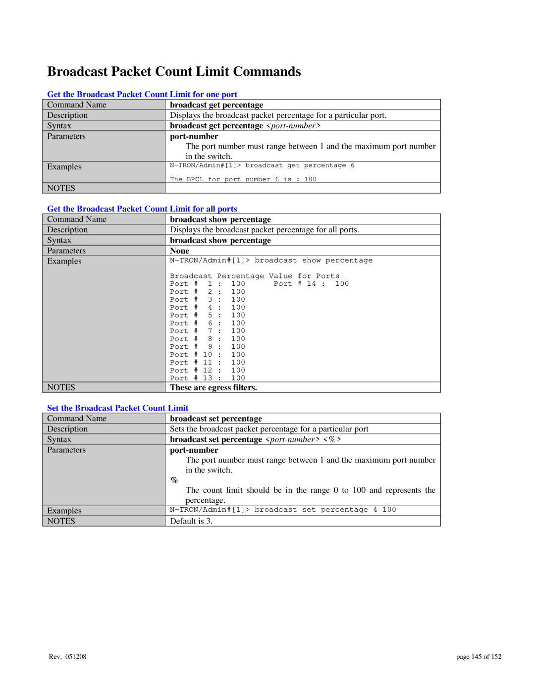 Gigabyte 7014 user manual Broadcast Packet Count Limit Commands, Get the Broadcast Packet Count Limit for one port 