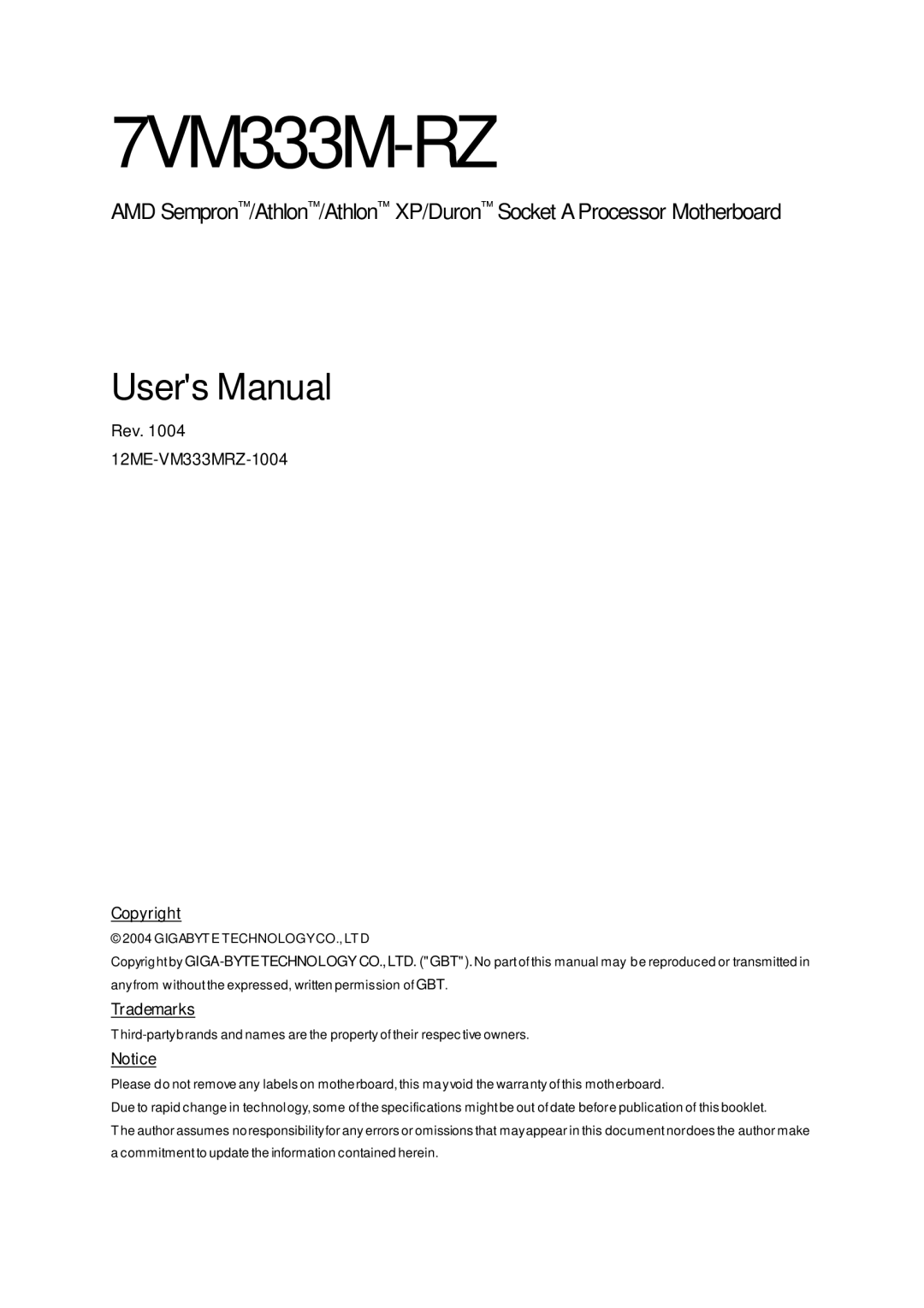 Gigabyte 7VM333M-RZ user manual 