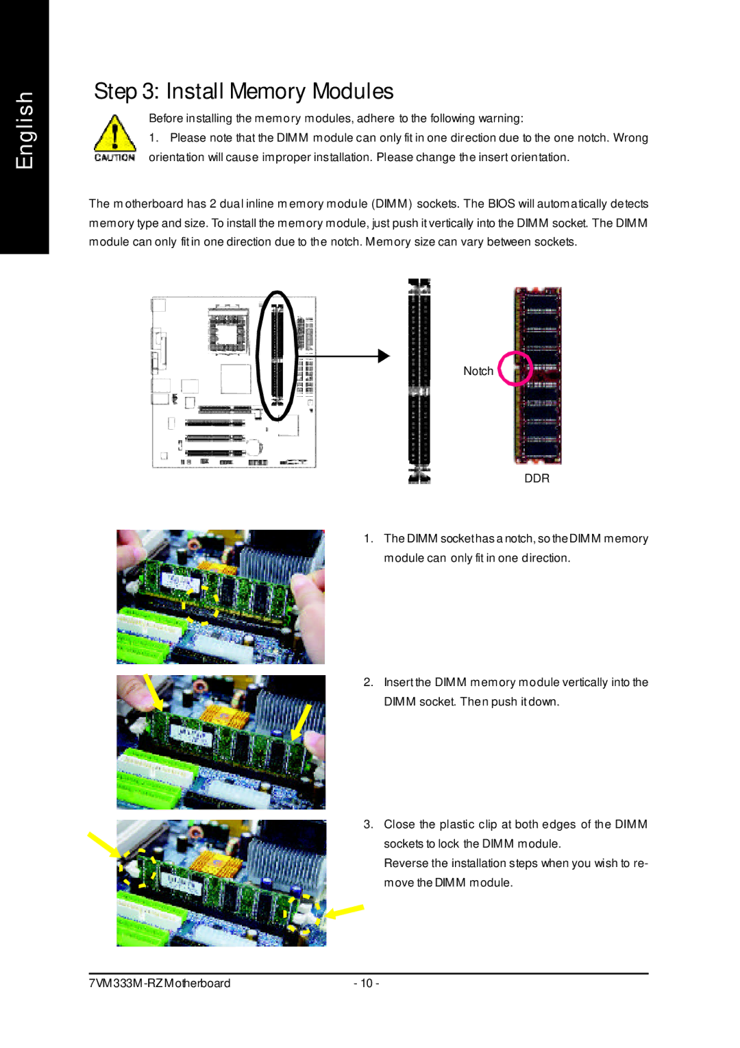 Gigabyte 7VM333M-RZ user manual Install Memory Modules 