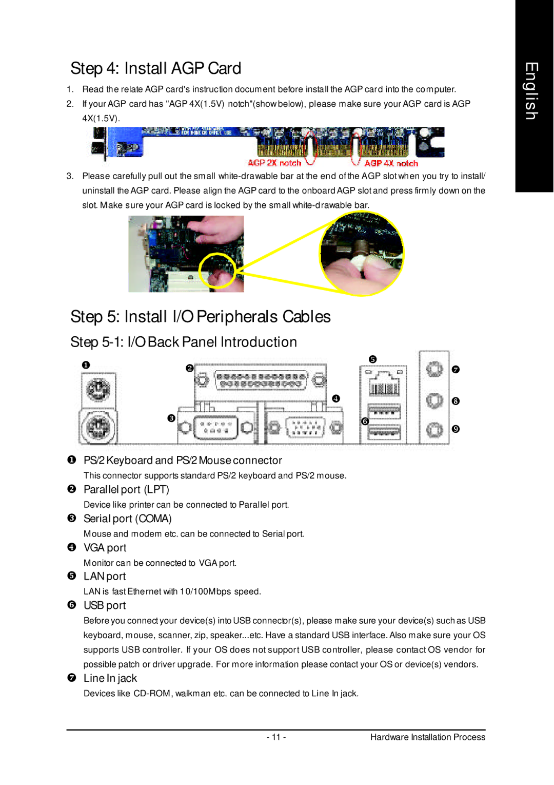 Gigabyte 7VM333M-RZ user manual Install AGP Card, Install I/O Peripherals Cables 