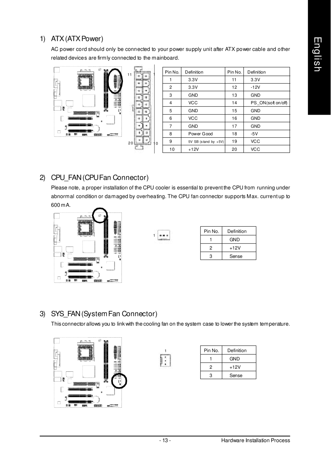 Gigabyte 7VM333M-RZ user manual ATX ATX Power, Cpufan CPU Fan Connector, Sysfan System Fan Connector 