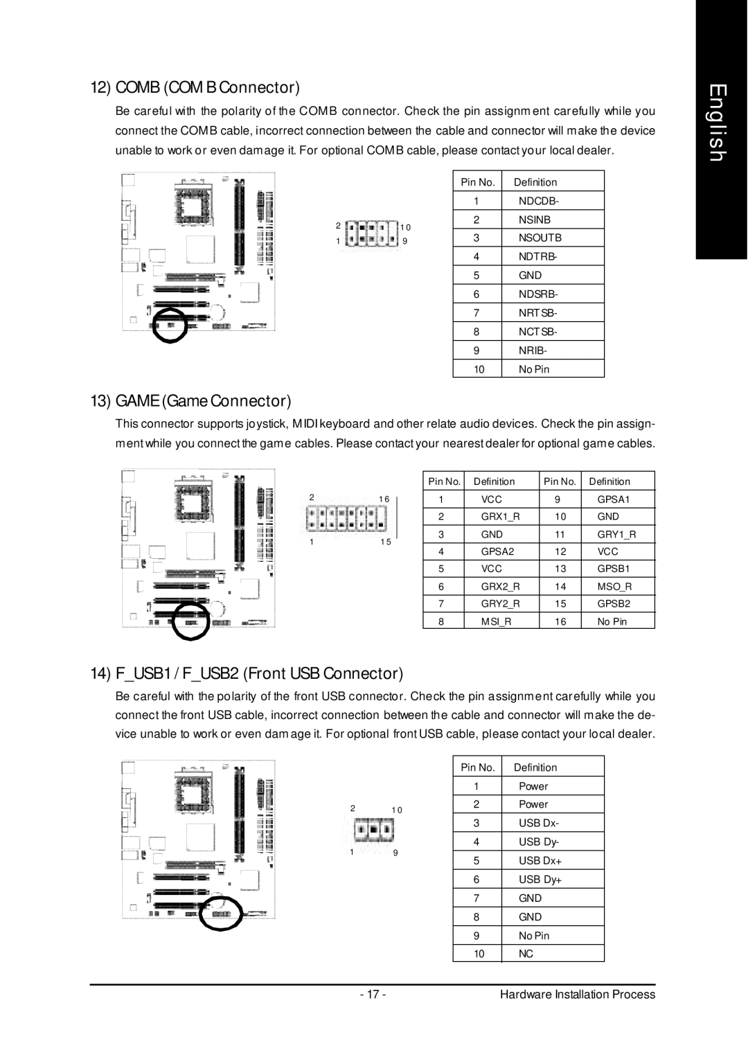 Gigabyte 7VM333M-RZ user manual Comb COM B Connector, Game Game Connector, FUSB1 / FUSB2 Front USB Connector 