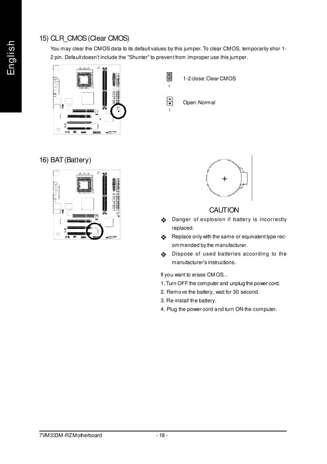 Gigabyte 7VM333M-RZ user manual Clrcmos Clear Cmos, BAT Battery 