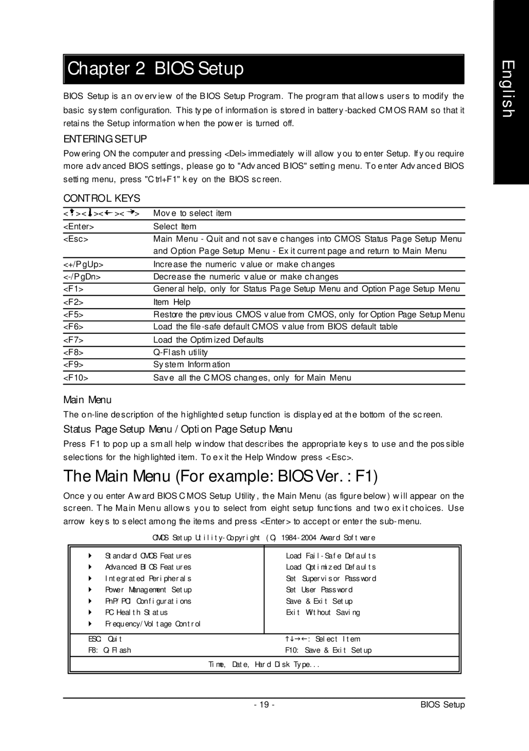 Gigabyte 7VM333M-RZ user manual Main Menu For example Bios Ver. F1, Status Page Setup Menu / Opti on Page Setup Menu 