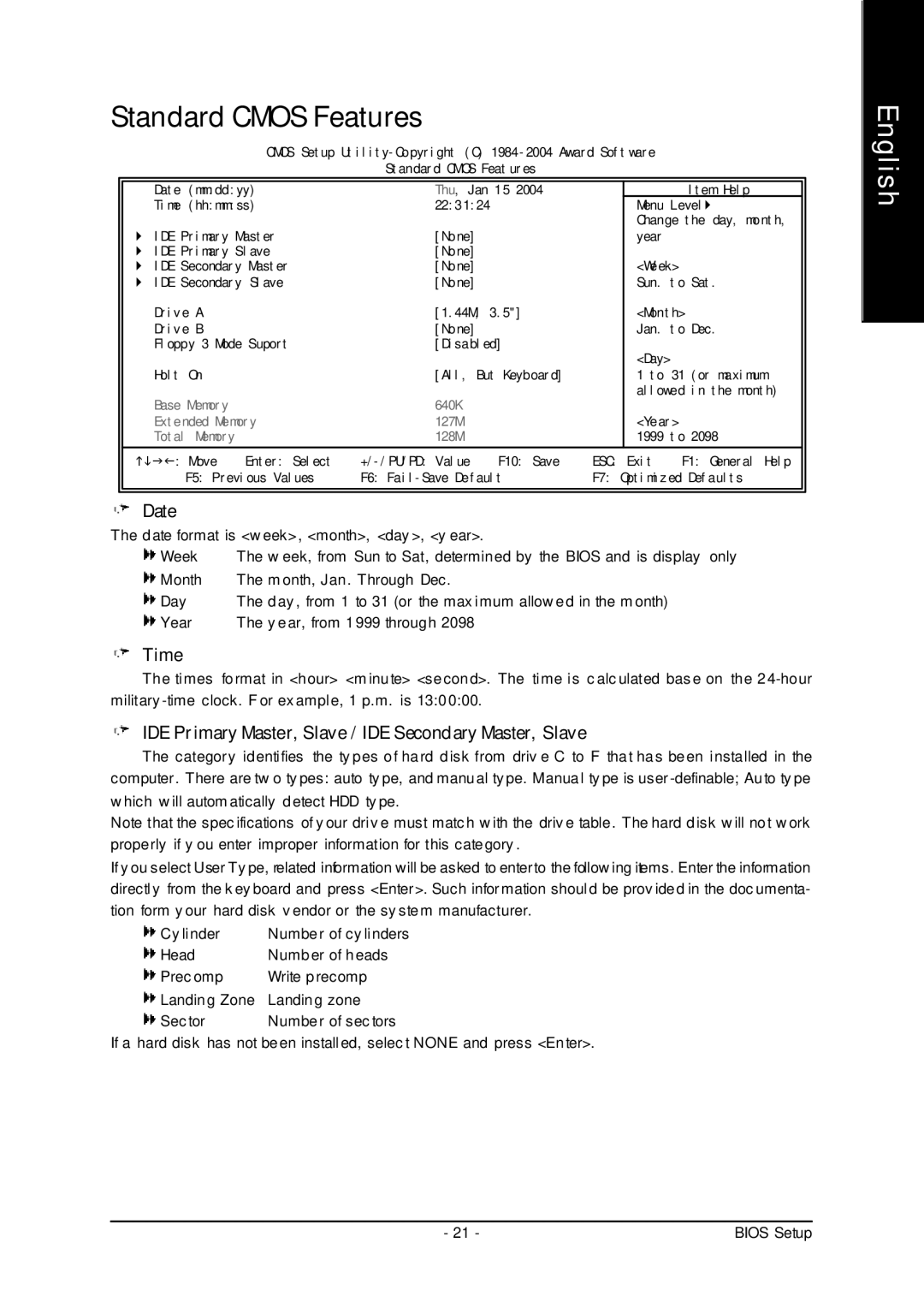 Gigabyte 7VM333M-RZ user manual Standard Cmos Features, Date, Time, IDE Primary Master, Slave / IDE Secondary Master, Slave 