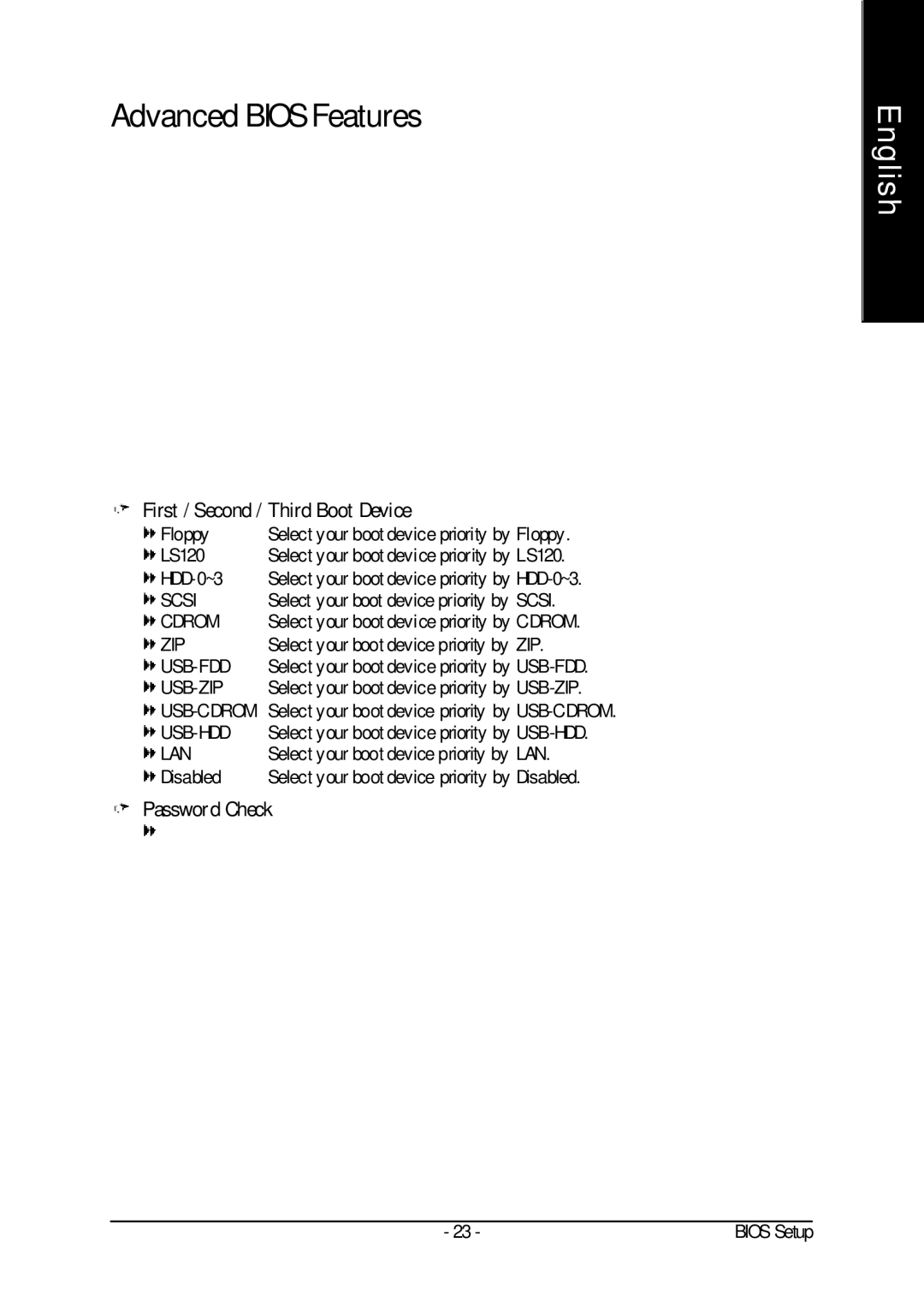 Gigabyte 7VM333M-RZ user manual Advanced Bios Features, First / Second / Third Boot Device, Password Check 