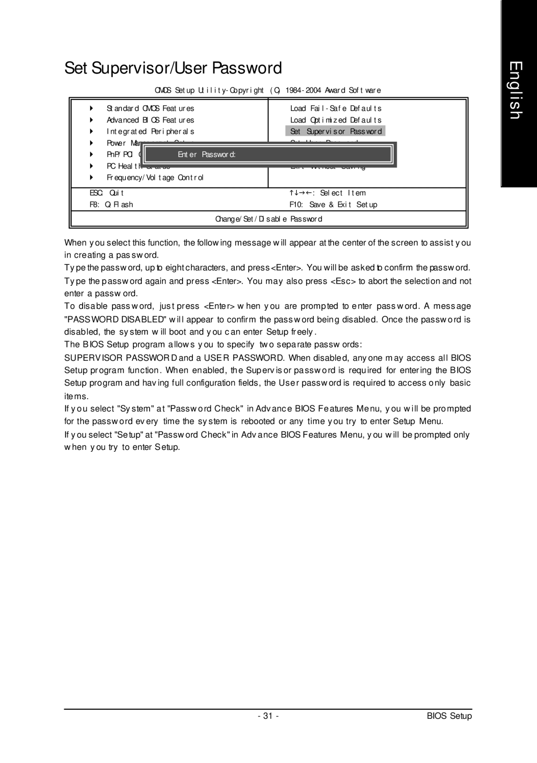 Gigabyte 7VM333M-RZ user manual Set Supervisor/User Password 