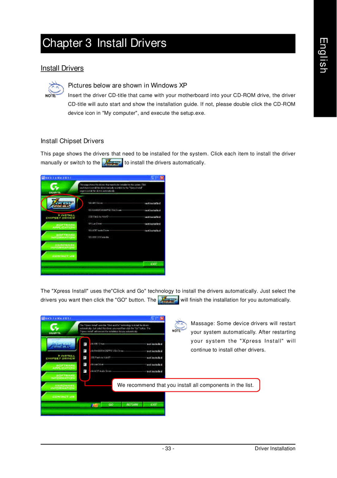 Gigabyte 7VM333M-RZ user manual Install Drivers, Pictures below are shown in Windows XP, Install Chipset Drivers 