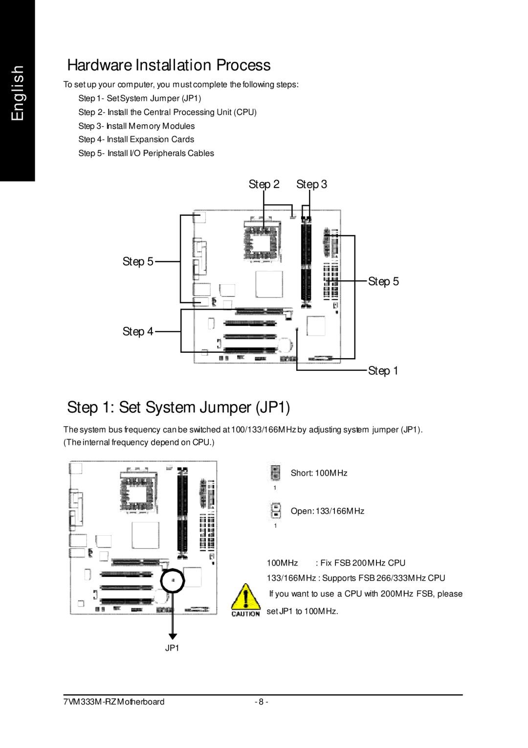 Gigabyte 7VM333M-RZ user manual Hardware Installation Process, Set System Jumper JP1, Step 