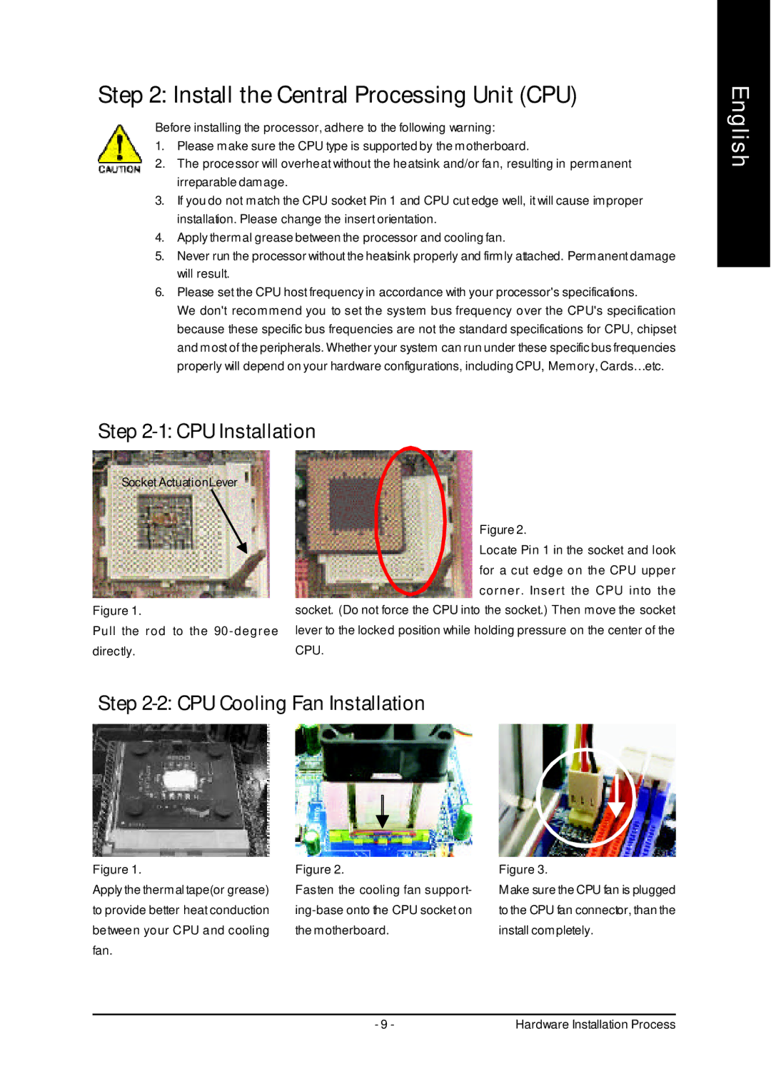 Gigabyte 7VM333M-RZ user manual Install the Central Processing Unit CPU, CPU Cooling Fan Installation 