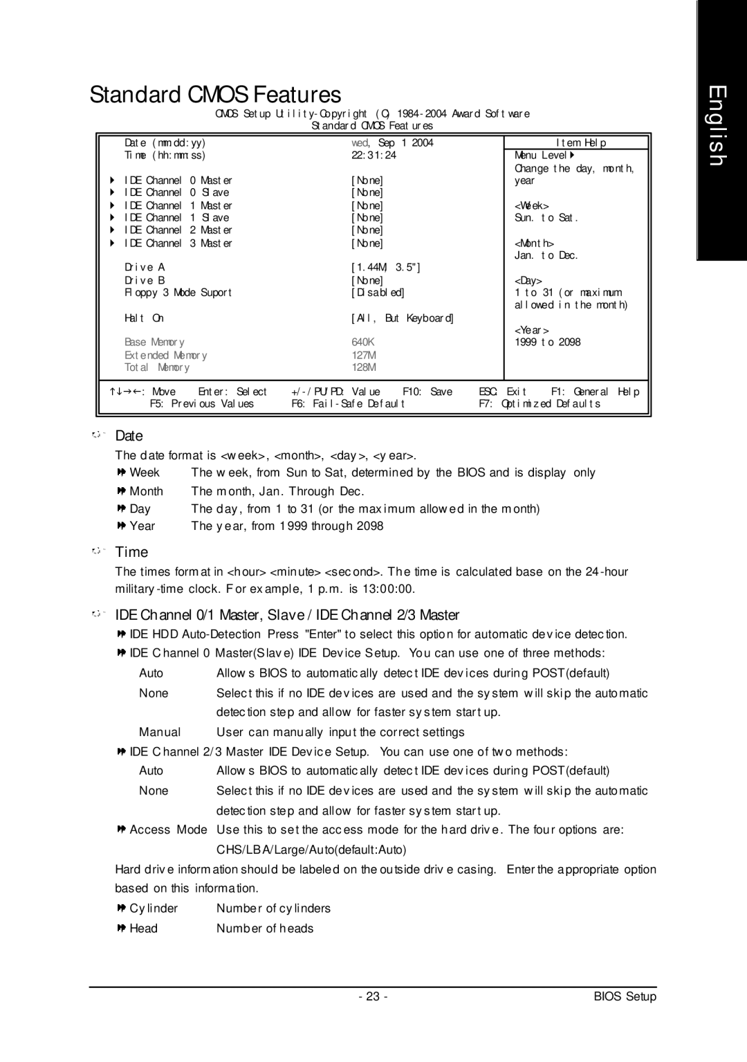 Gigabyte 7VM400AM-RZ user manual Standard Cmos Features, Date, Time, IDE Channel 0/1 Master, Slave / IDE Channel 2/3 Master 