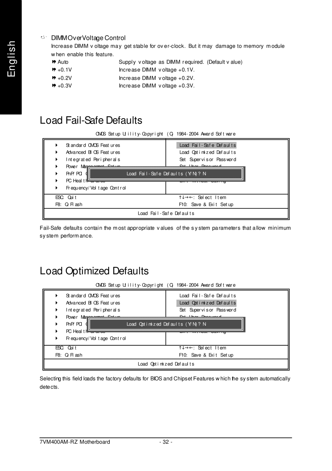 Gigabyte 7VM400AM-RZ user manual Load Fail-Safe Defaults, Load Optimized Defaults, Dimm O verVoltage Control 