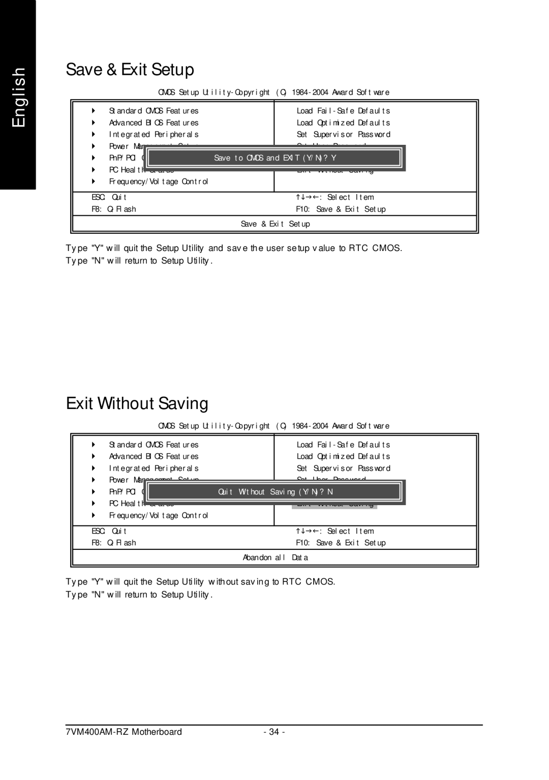 Gigabyte 7VM400AM-RZ user manual Save & Exit Setup, Exit Without Saving 