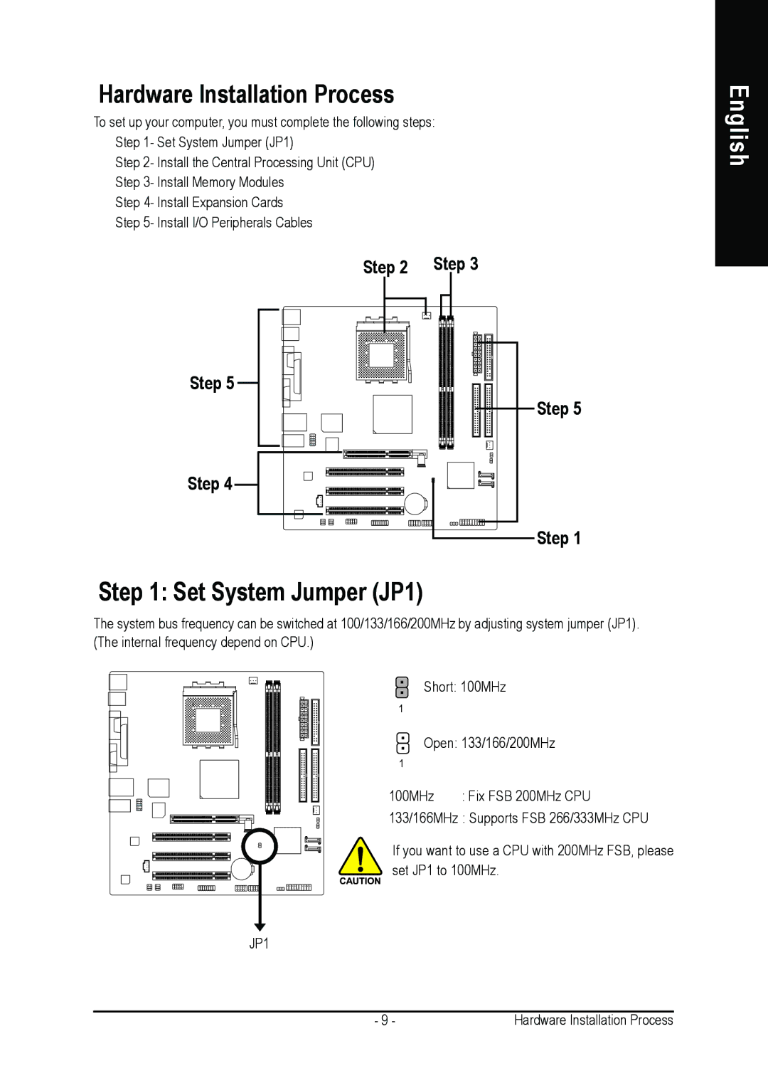 Gigabyte 7VM400AM-RZ user manual Hardware Installation Process, Set System Jumper JP1, Step 