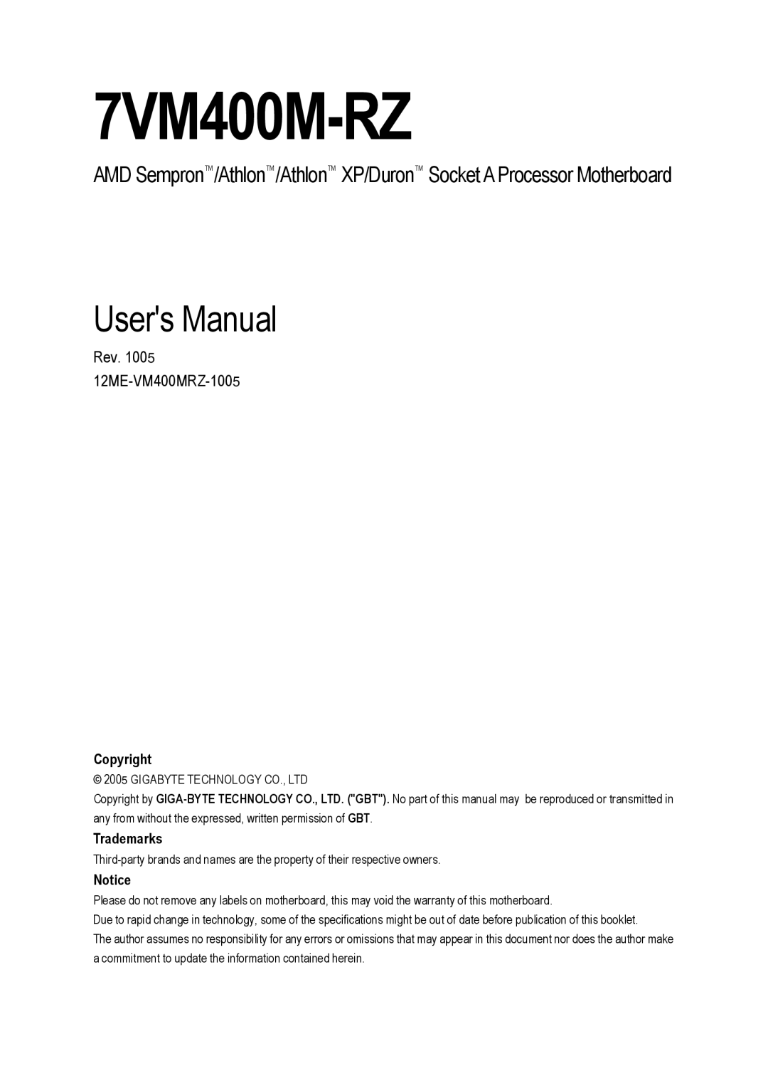 Gigabyte 7VM400M-RZ user manual 